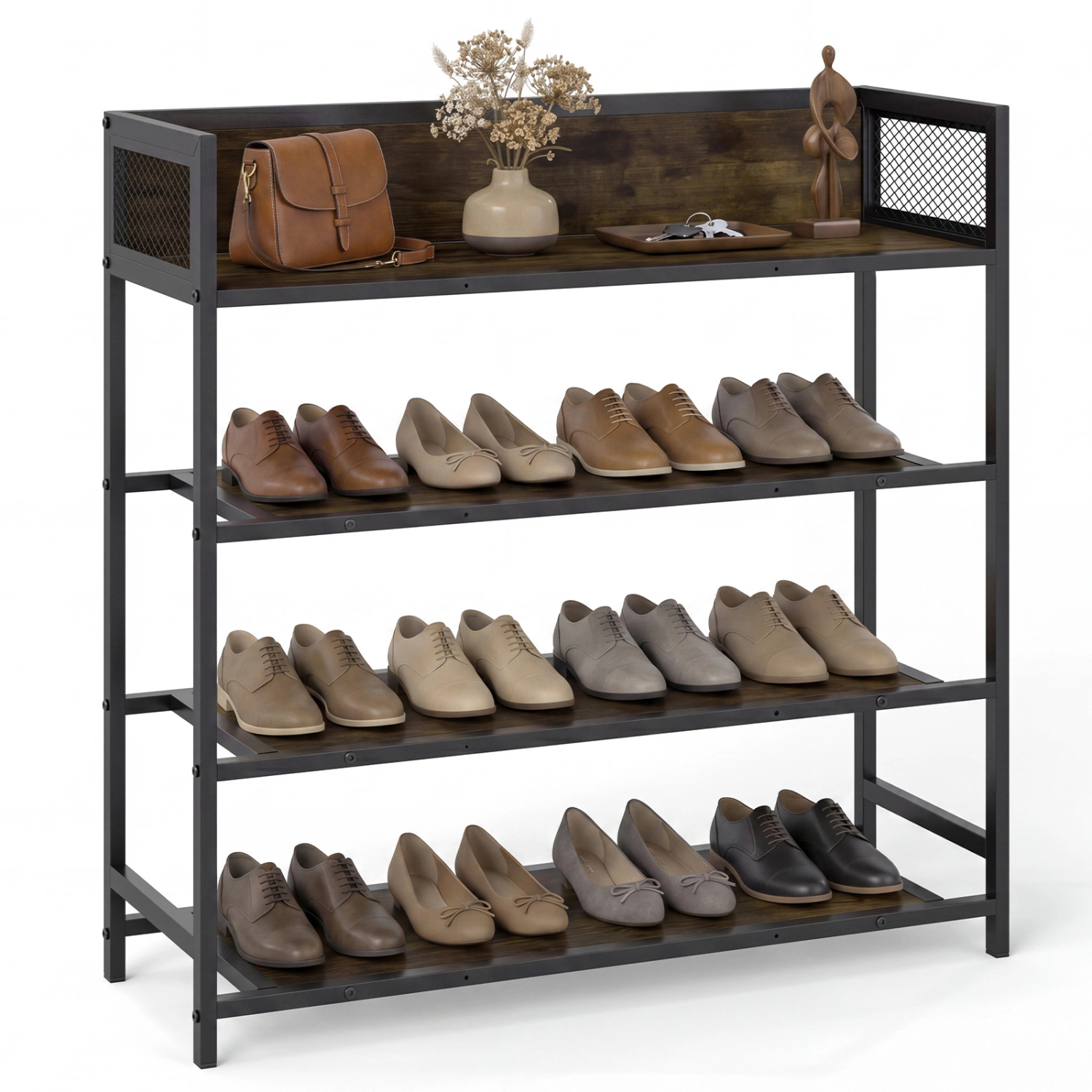 LJG 4-Tier Shoe Rack Industrial Shoe Organizer with Heavy Duty Metal Frame