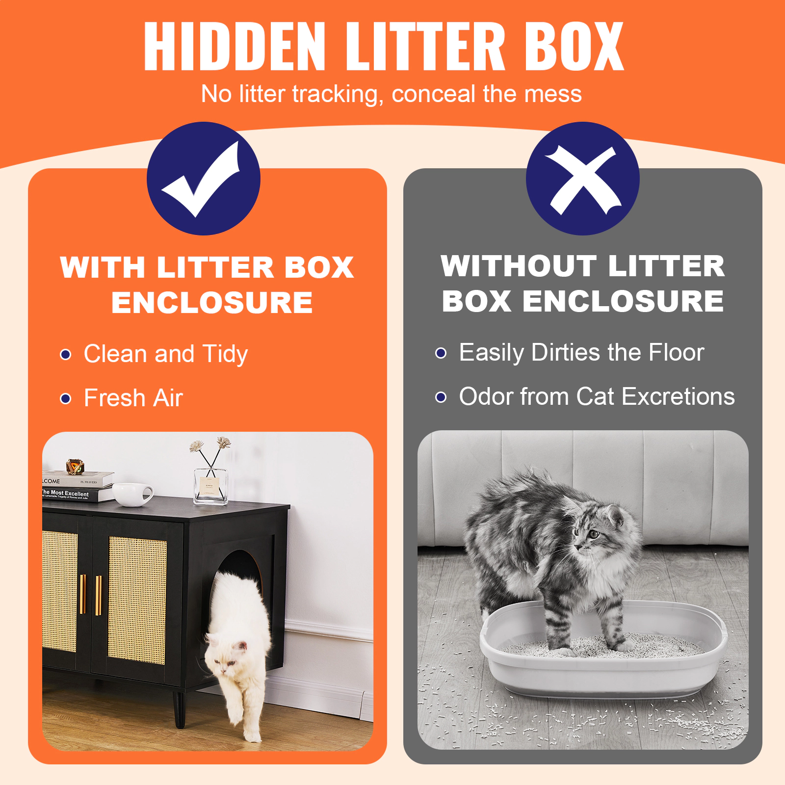HONGGE Cat Litter Box Enclosure for 2 Cats Litter Box Furniture Hidden with Wooden Cat Box Cabinet Fit Most of Litter