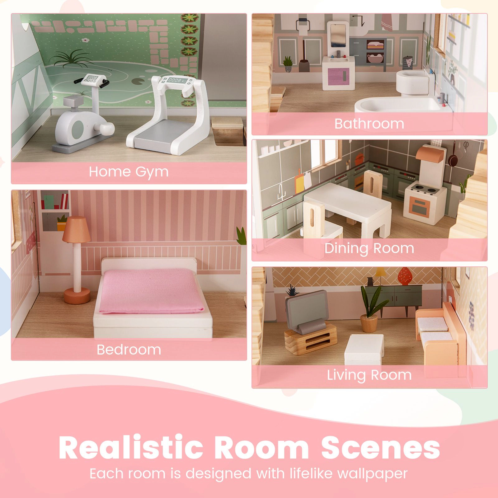 SlickBlue Kids Wooden Dream House with Realistic Rooms and Removable Roof Design