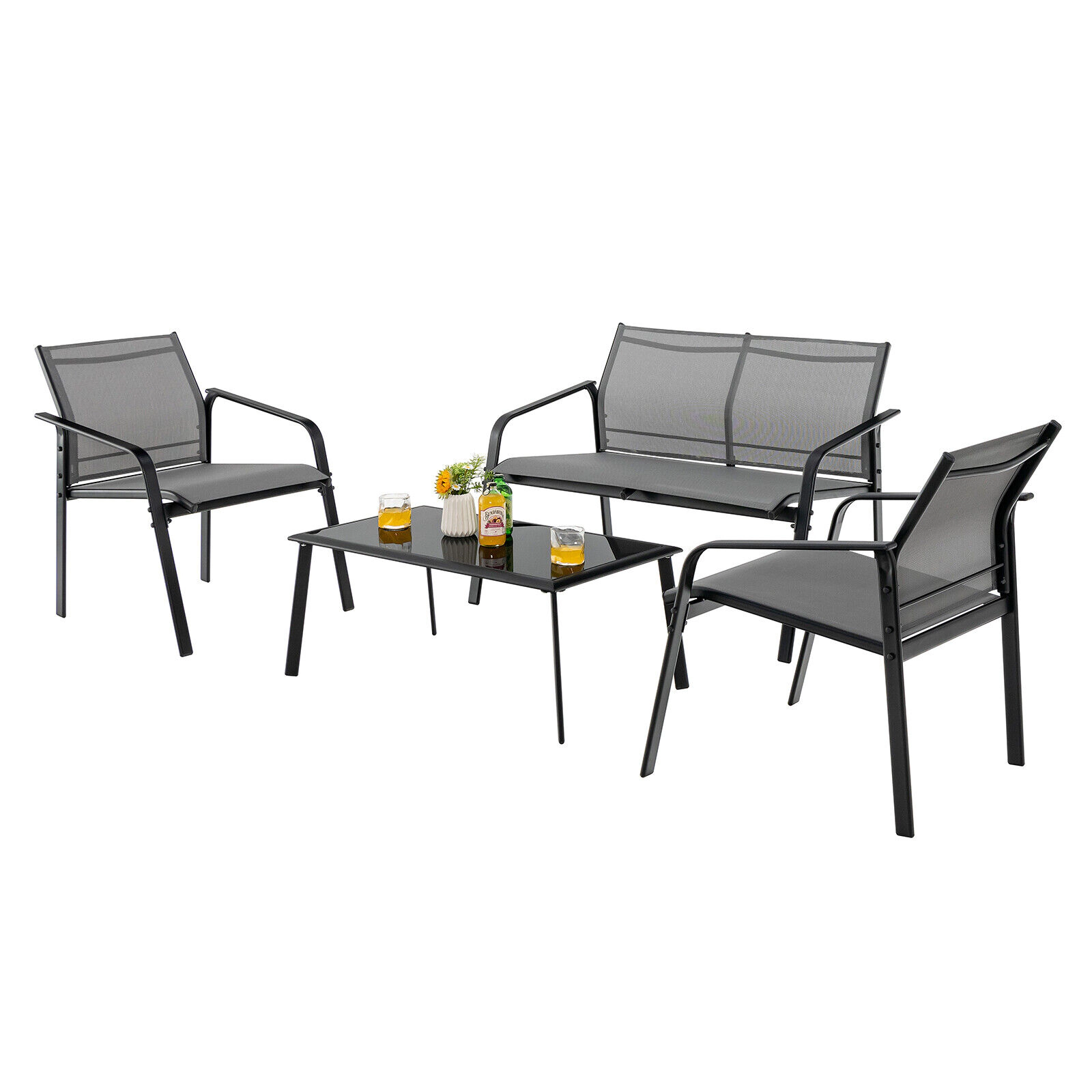 SUGIFT Gray Loveseat and Tempered Glass Table 4-Piece Patio Sling Fabric Sofa Set