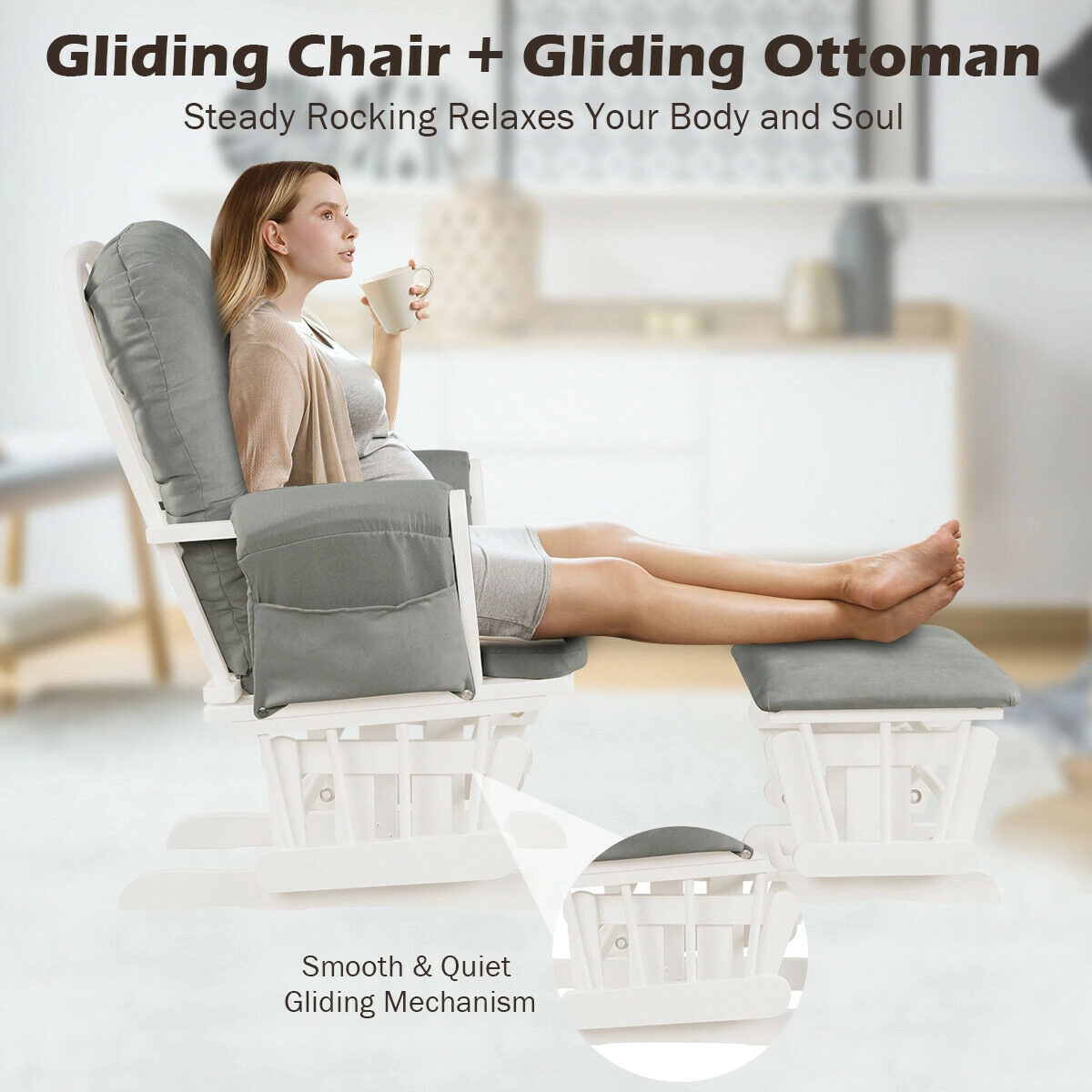SUGIFT Padded Armrests and Detachable Cushions Wood Glider and Ottoman Set