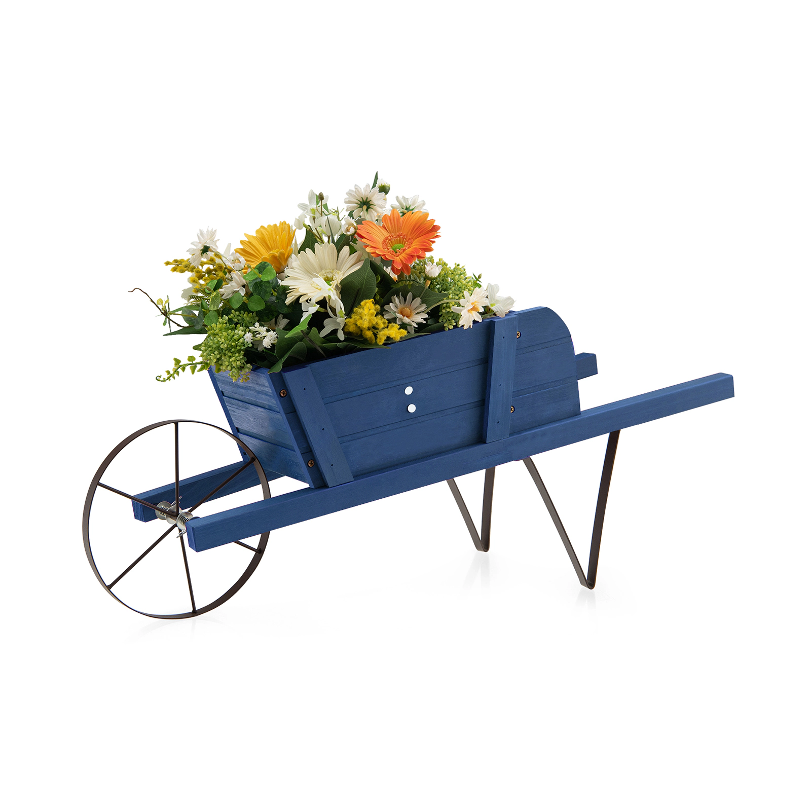 SUGIFT Blue Wooden Wagon Planter with 9 Magnetic Accessories Decorative Wheelbarrow for Garden Yard