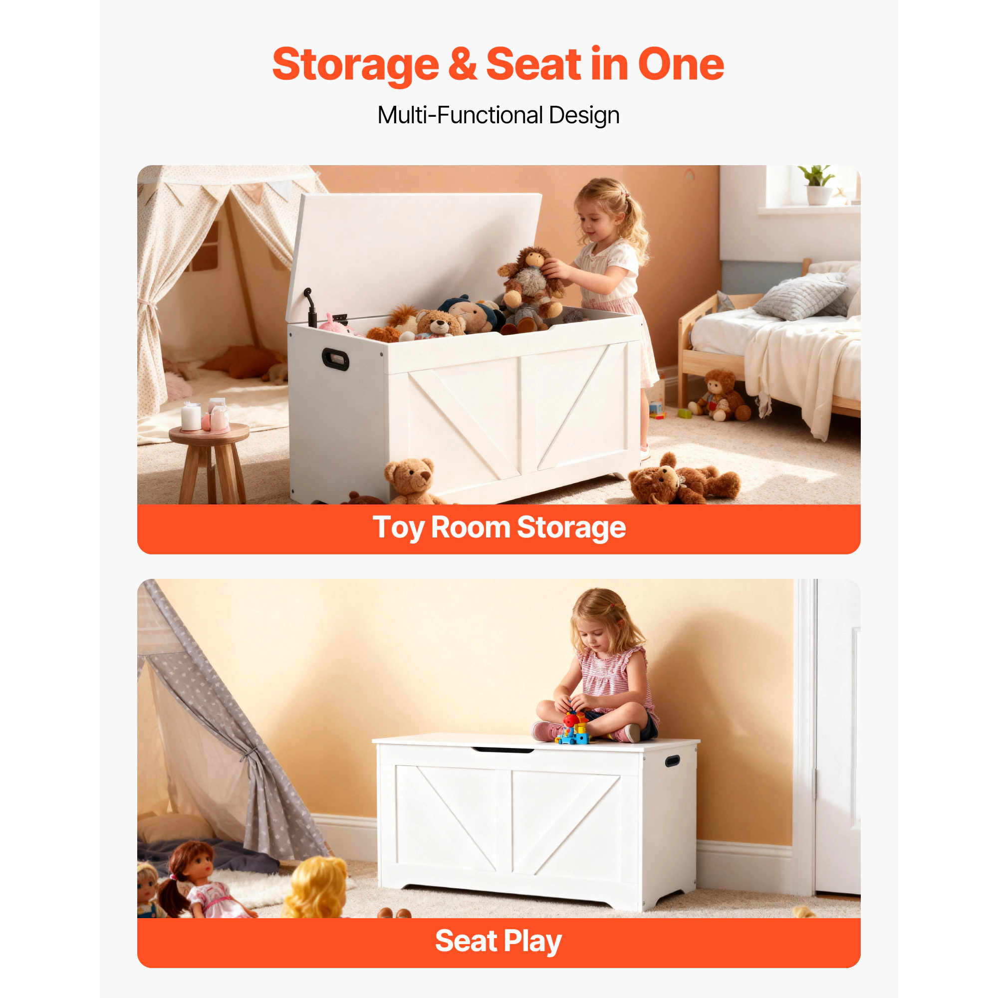 HONGGE Kids Storage Bench Wooden Toy Box Chest with Safety Hinge for Playroom Living Room or Entryway Easy Assembly