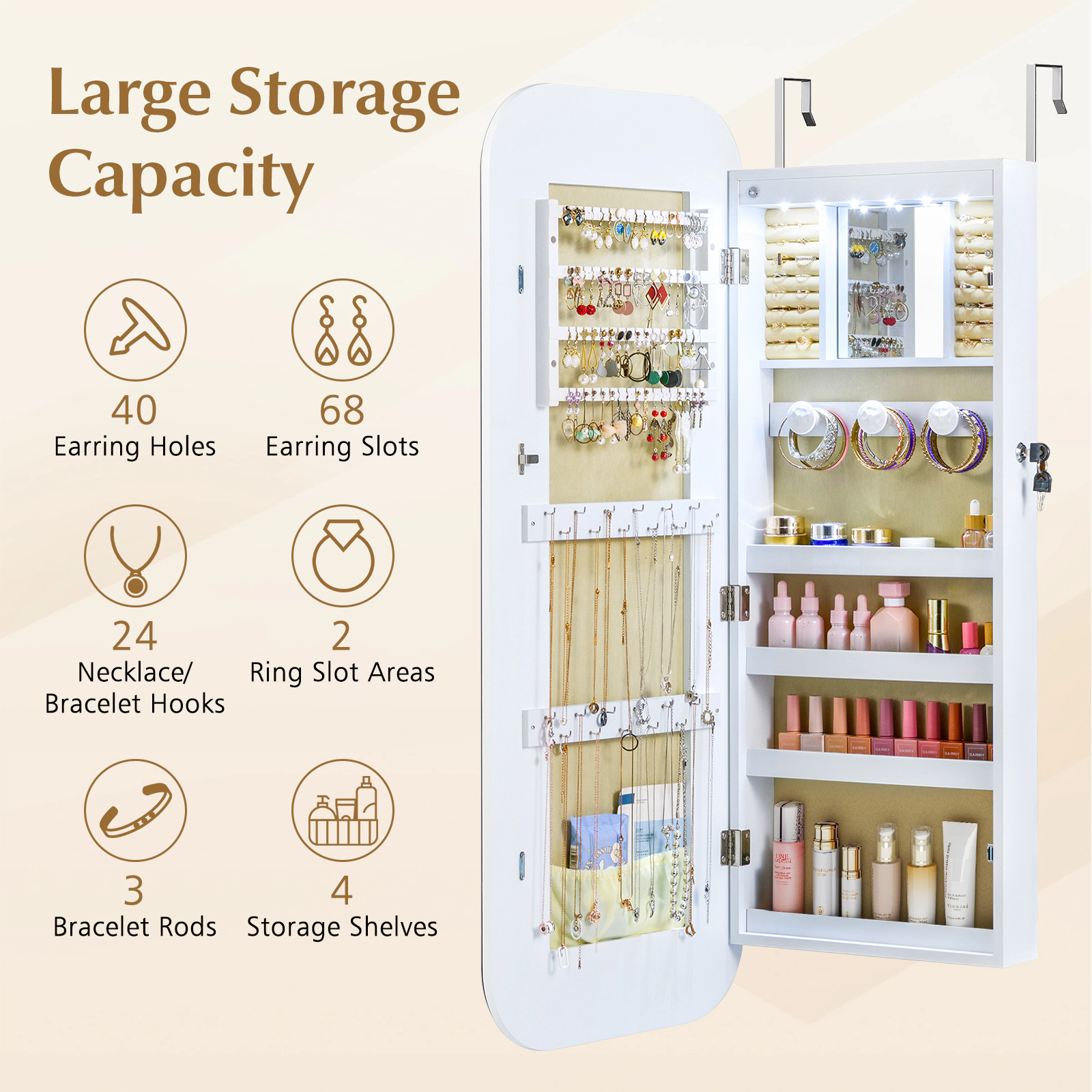 SlickBlue 42.5 Inch Wall or Door Mounted Lockable Jewelry Cabinet with Full-Length Mirror and LED Lights