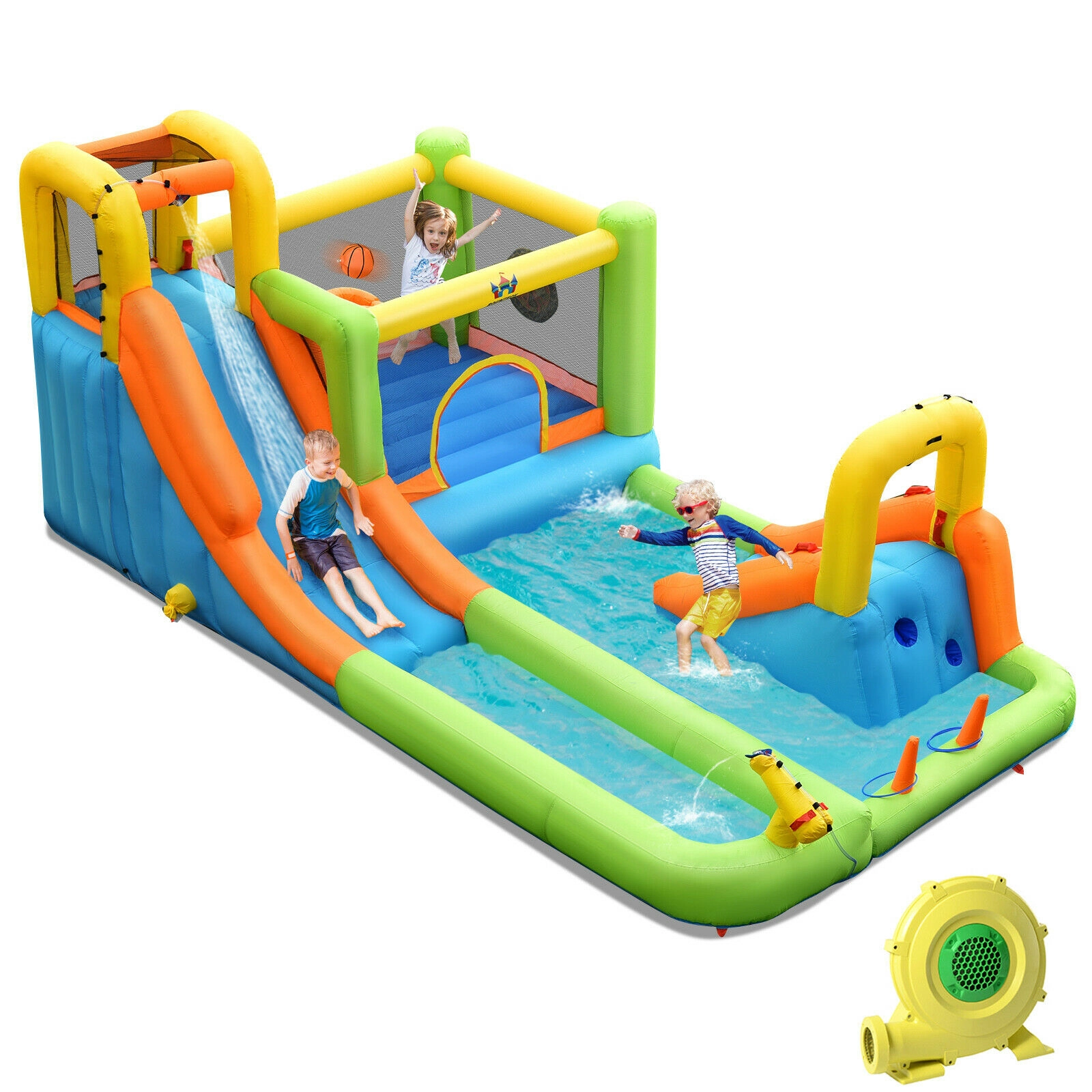 SUGIFT 8-in-1 198 x 114-in Inflatable Water Slide Bounce House with Splash Pool Climbing Wall and 735W Blower