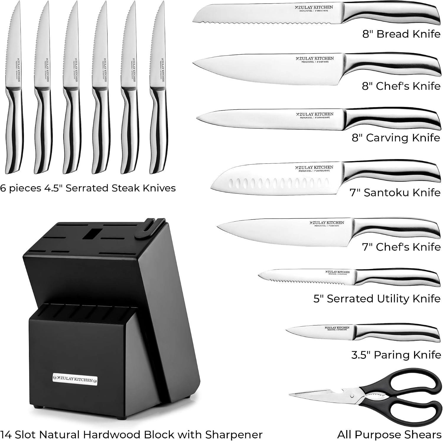 Zulay Kitchen 15 Piece Stainless Steel Knife Set with Block and Sharpener
