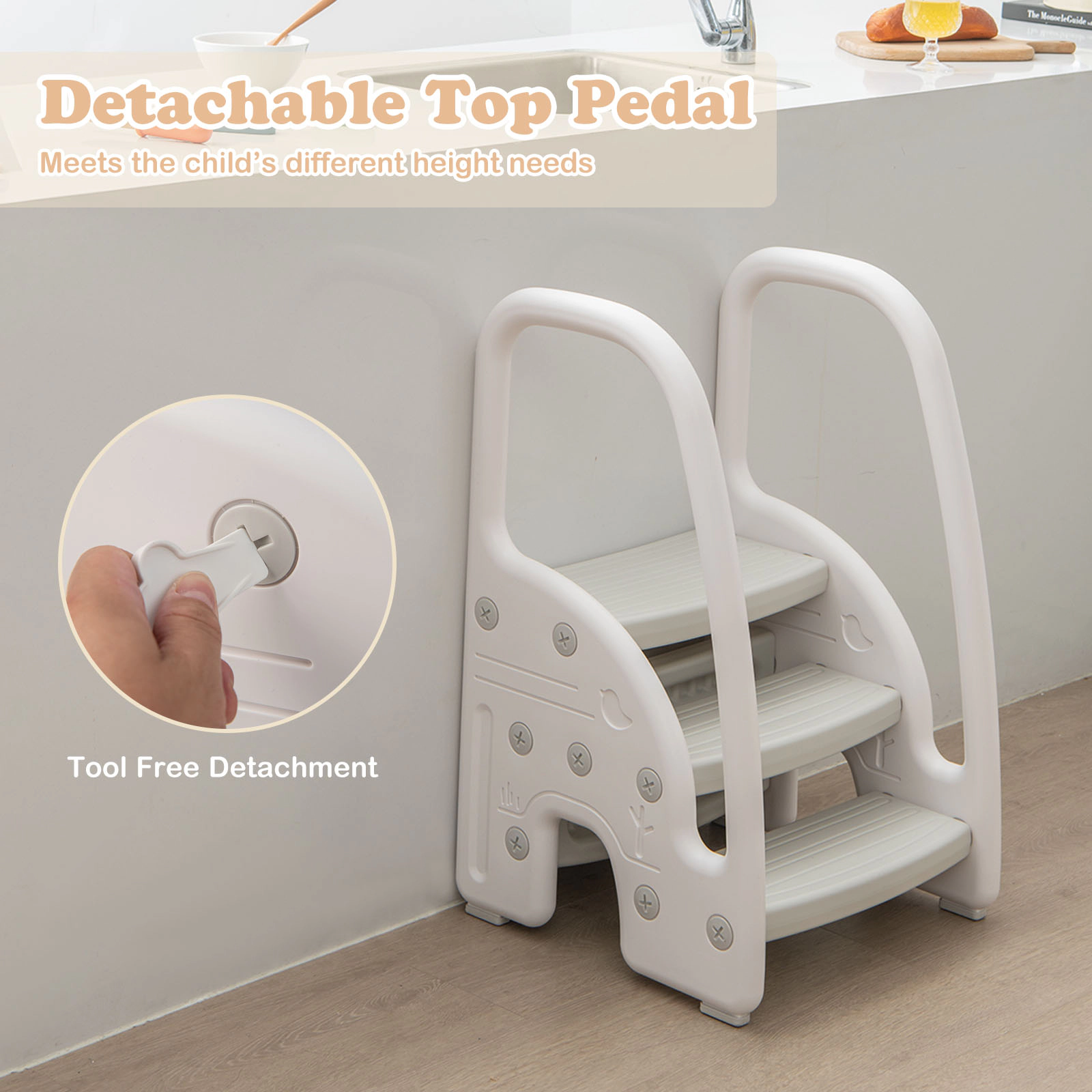 SUGIFT Gray 3-Step Toddler Step Stool with Safety Handles and Non-Slip Pedals for Bathroom and Kitchen