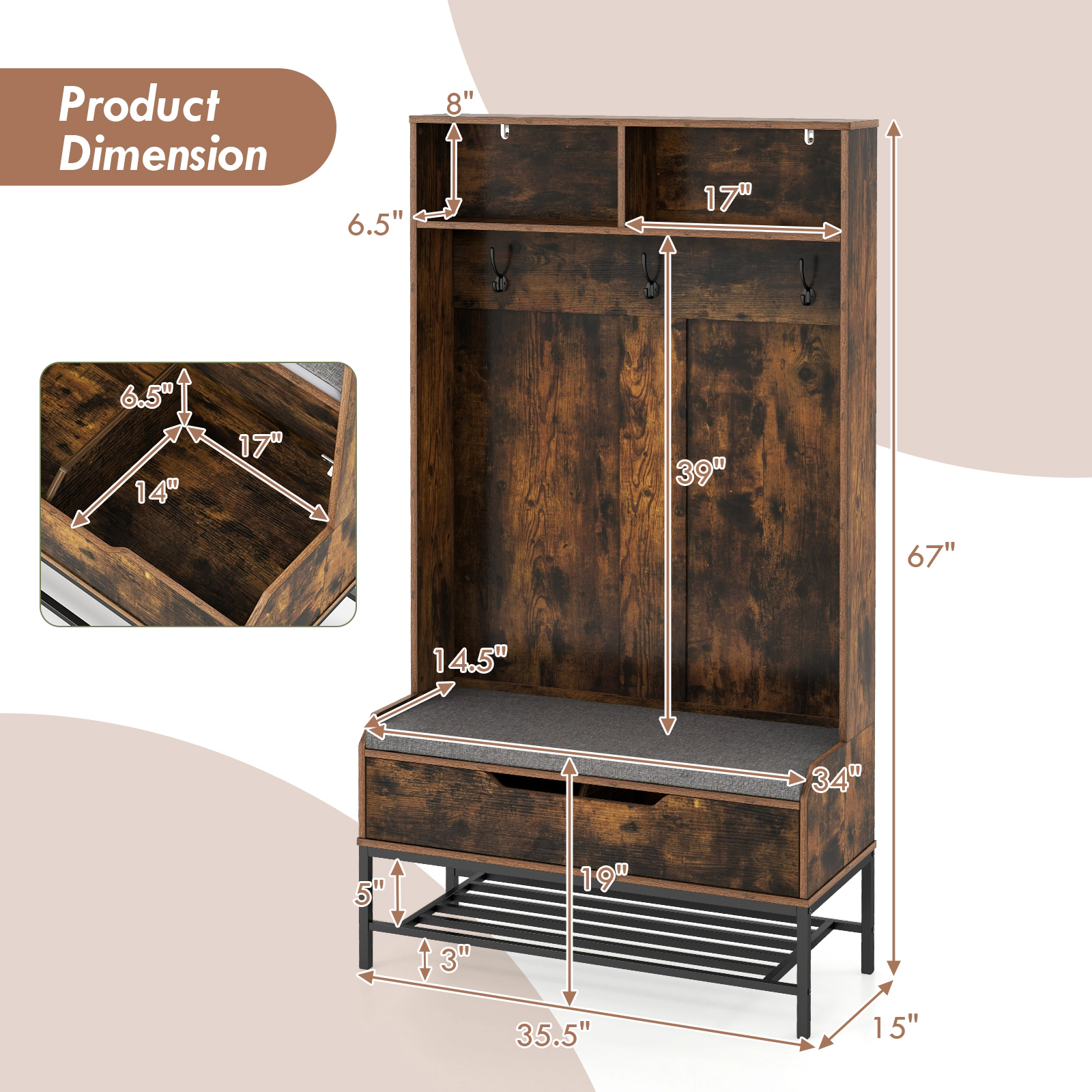 SUGIFT Rustic Brown 67-in Tall Hall Tree with 330-lb Lift-Top Bench 3 Hooks and Entryway Shoe Rack