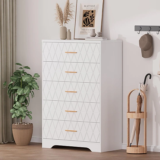 Tall Wooden 5 Drawer Dresser, Modern Chest with Gold Handles for Bedroom, Living Room, Hallway