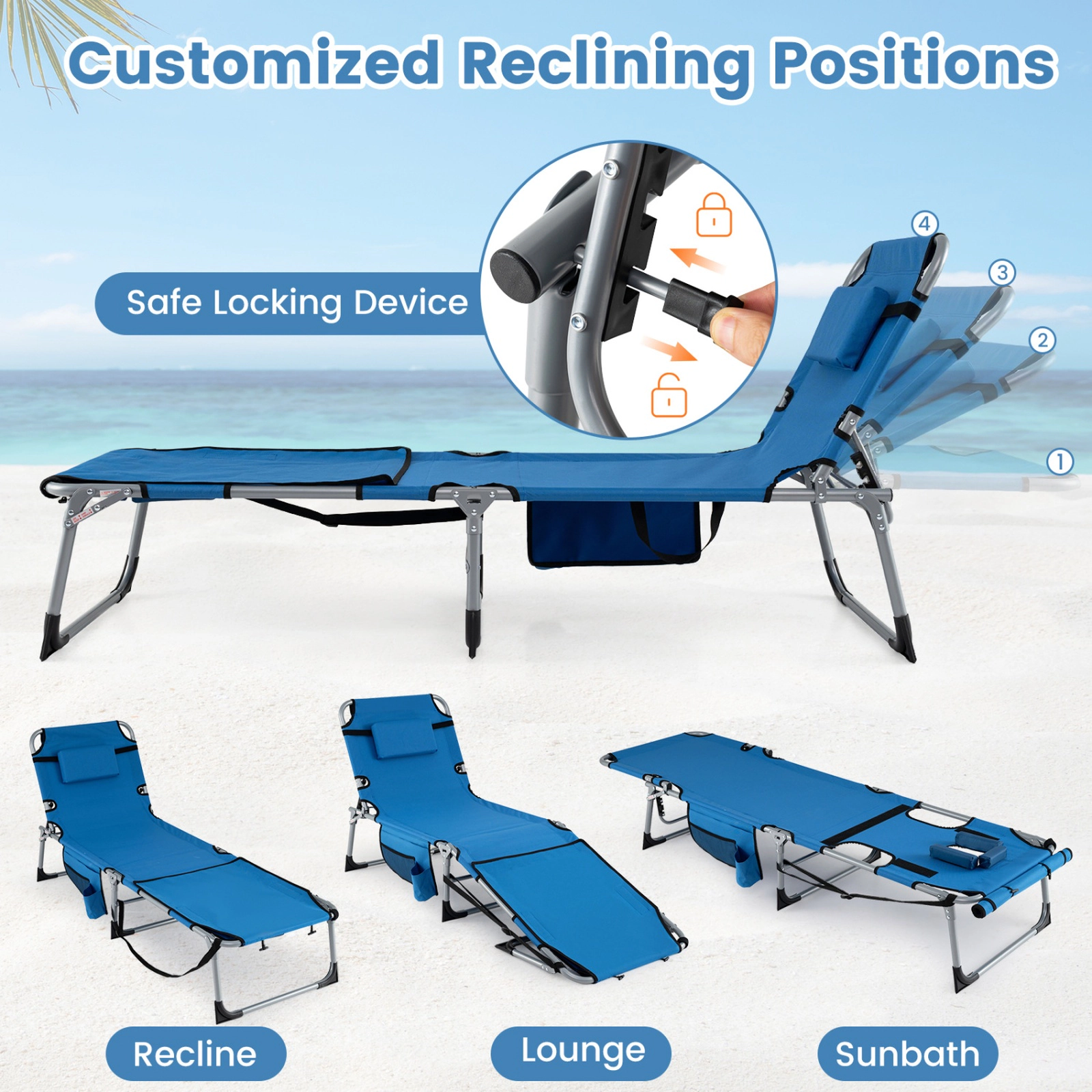 SUGIFT 4-Position Tanning Chair with Face and Arm Holes Portable Sunbathing Chaise 330-lb Capacity 76.5-in Long Blue