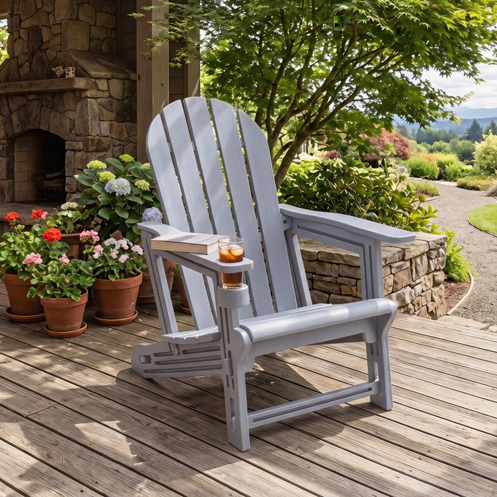 SUGIFT HDPE Adirondack Chair with Cup Holder and Wood-Like Texture 330-Lb Capacity Gray