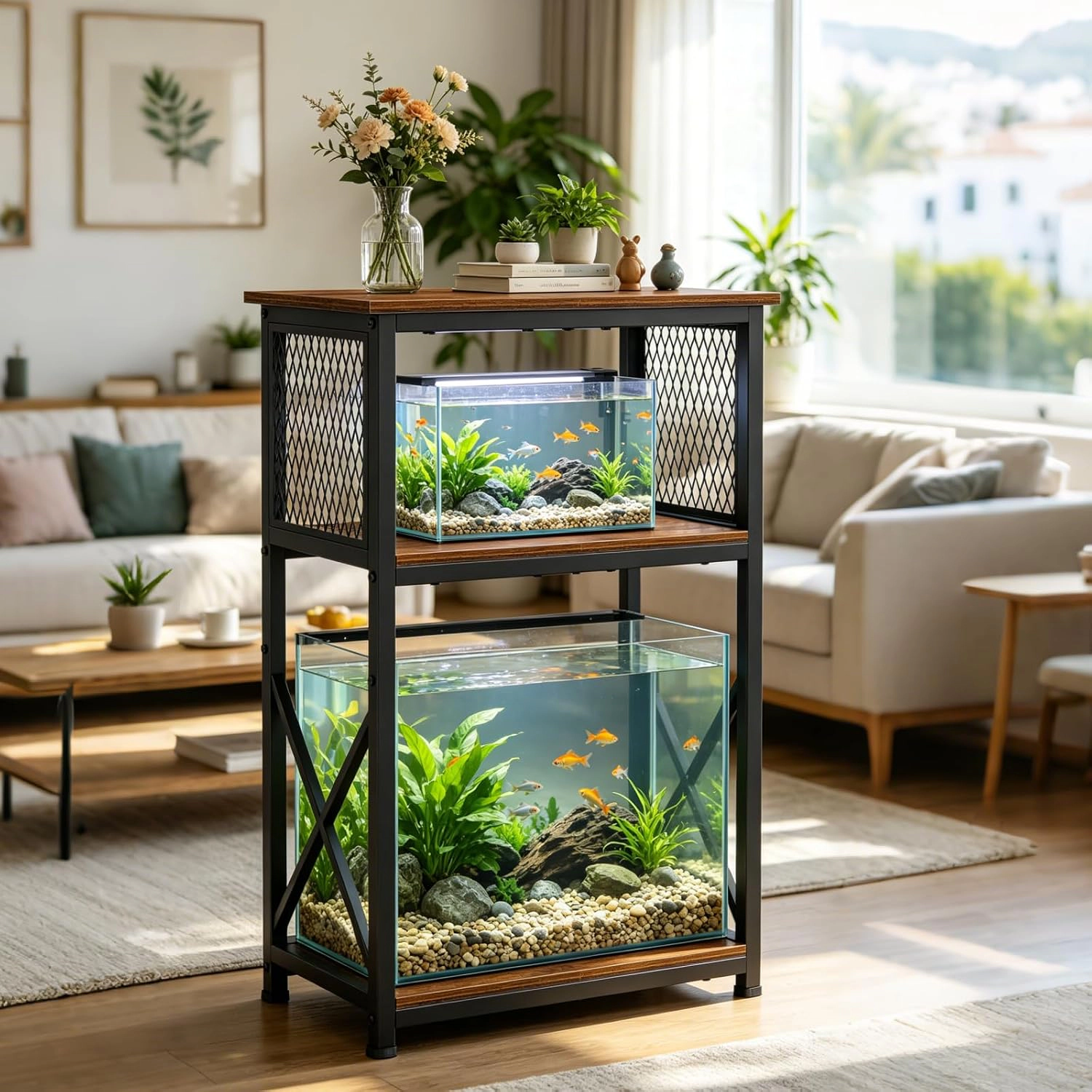 10 Gallon Aquarium Stand, 3-Tier Metal Wood Fish Tank Holder with Storage Shelves