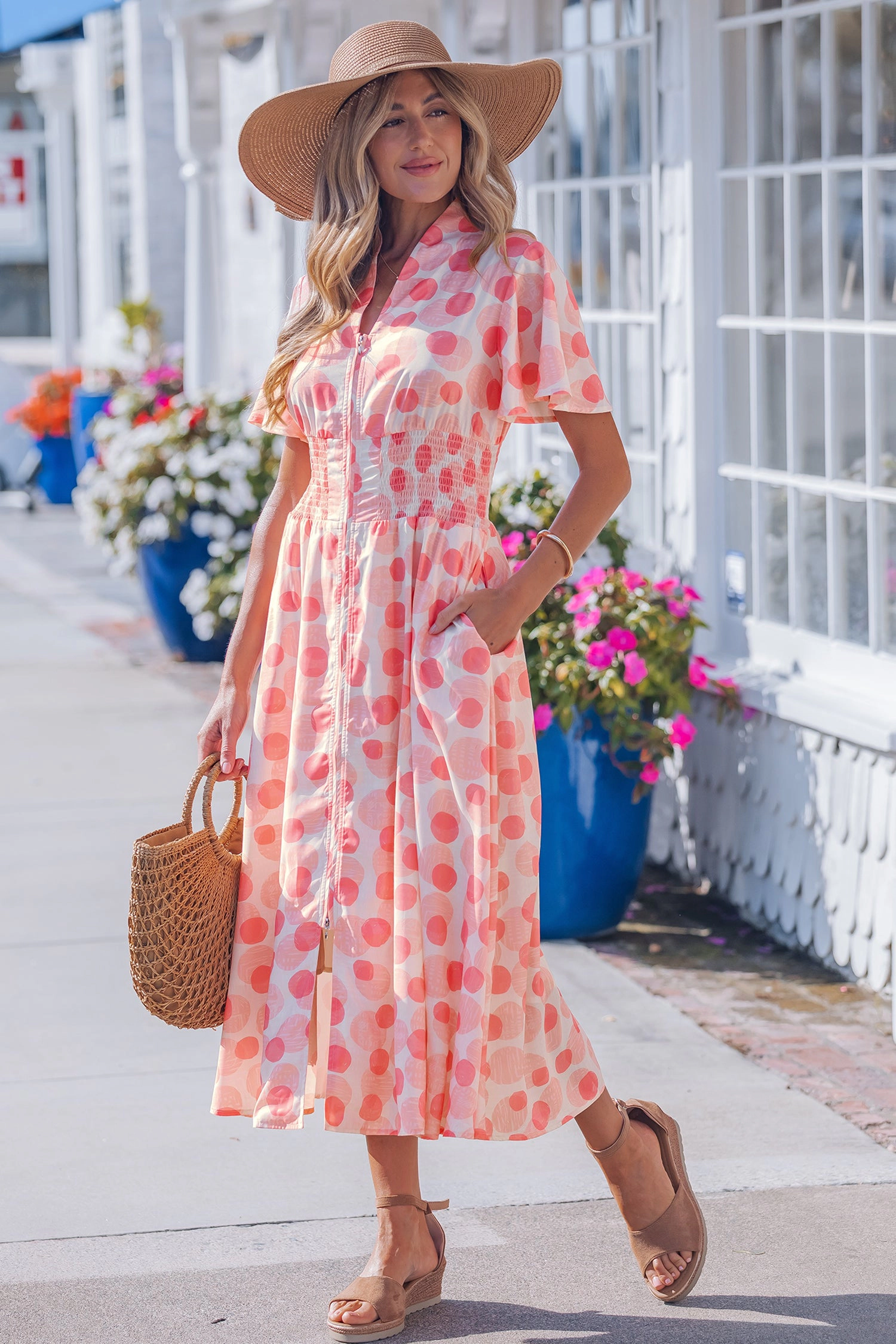 Threaded Pear Womens Talia Zip-Up Polka Dot Long Dress - Pink, Ruffled Short Sleeves