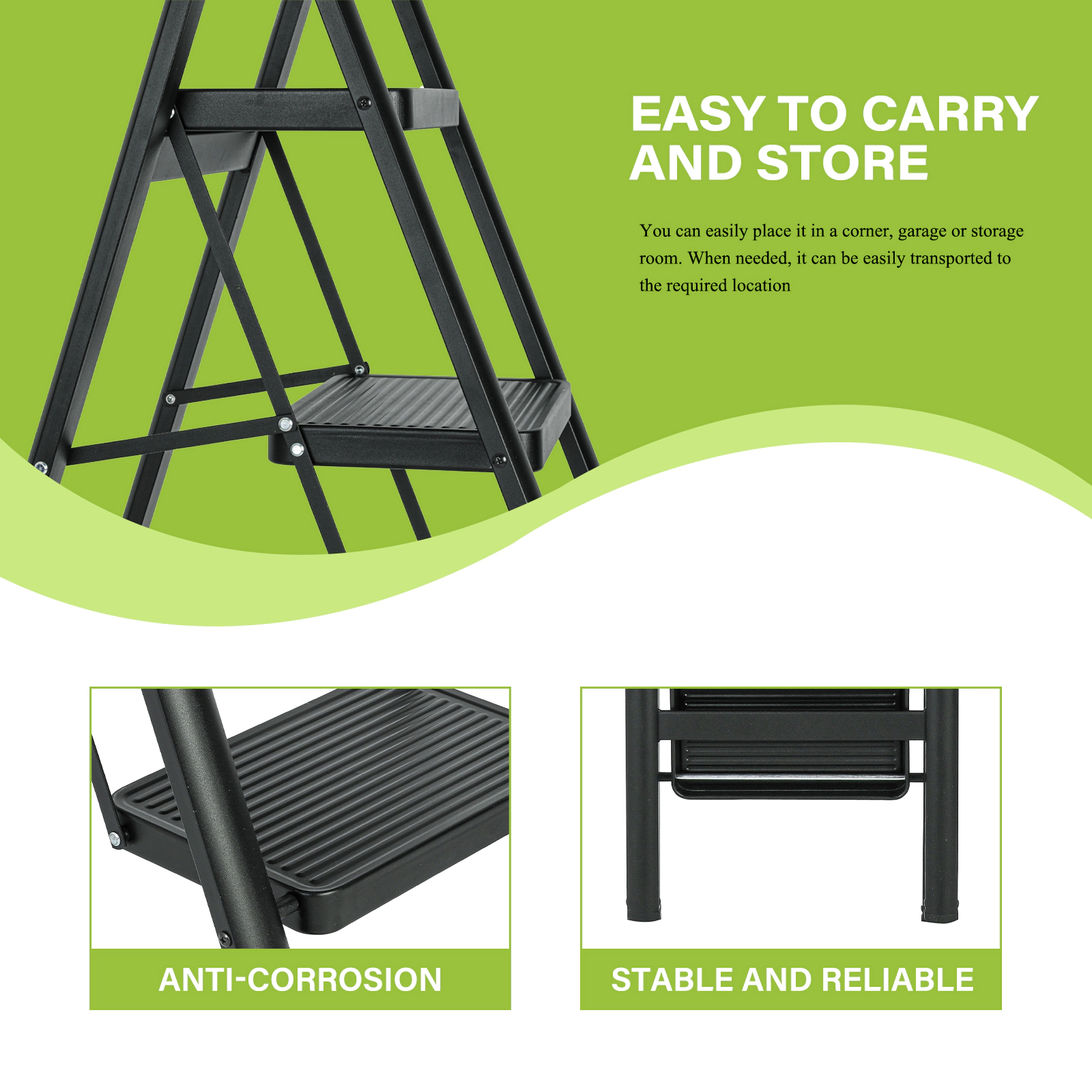 Flynama 5 Step Ladder- 330lb Capacity Steel Foldable Step Stool With Tool Bag (Black)