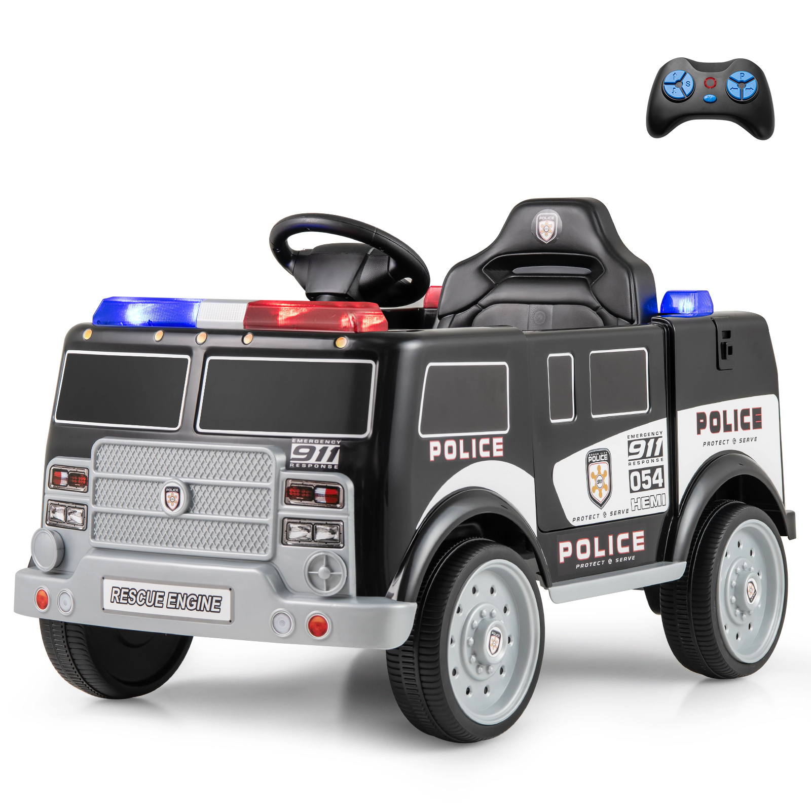 SUGIFT 12V Black Kids Ride-On Police Car with Megaphone Remote Control Siren and FM Radio 66-lb Rider