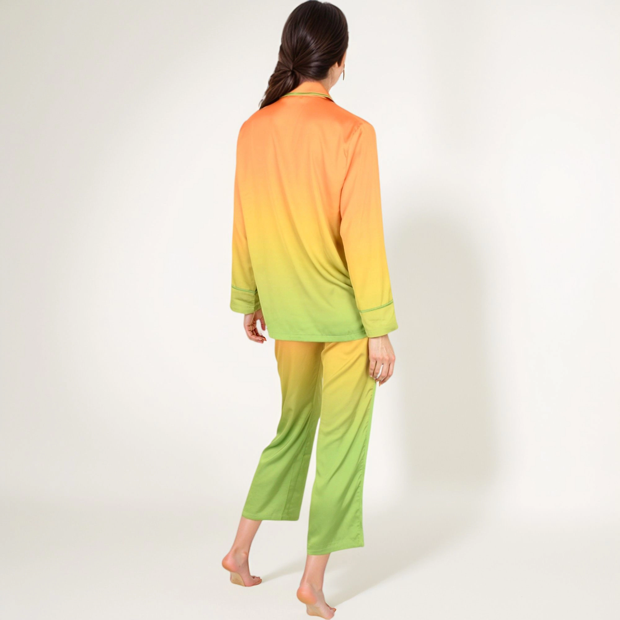 Anna-Kaci Women's Satin Pajama Set with Ombre Gradient Color Block Button Top and Wide Leg Pants