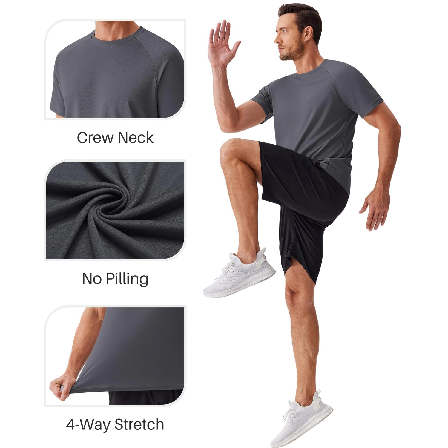 Pinspark Mens Solid Short Sleeve T-Shirts Raglan Crew Neck Quick Dry Athletic Tees