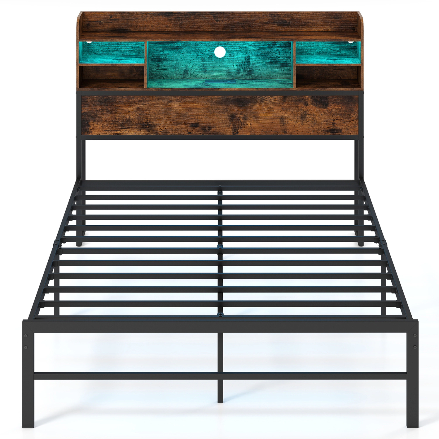 LJG Full Size Bed Frame with Headboard LED Lights and Charging Station
