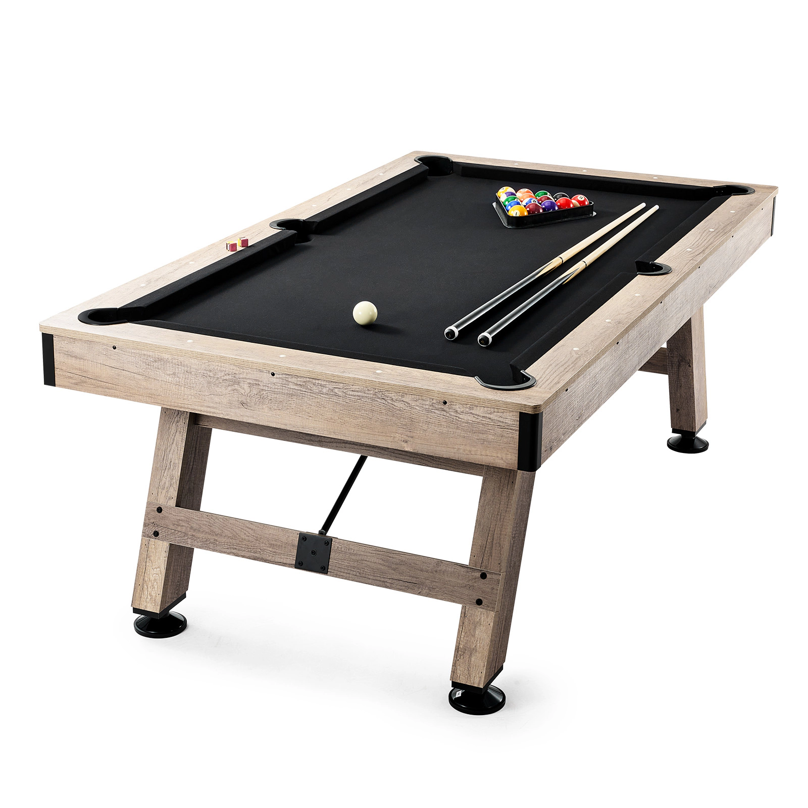 HONGGE 7 FT Pool Table with Adjustable Legs, Balls, Cues & Chalk Set Included, Wood Color Billiards Table