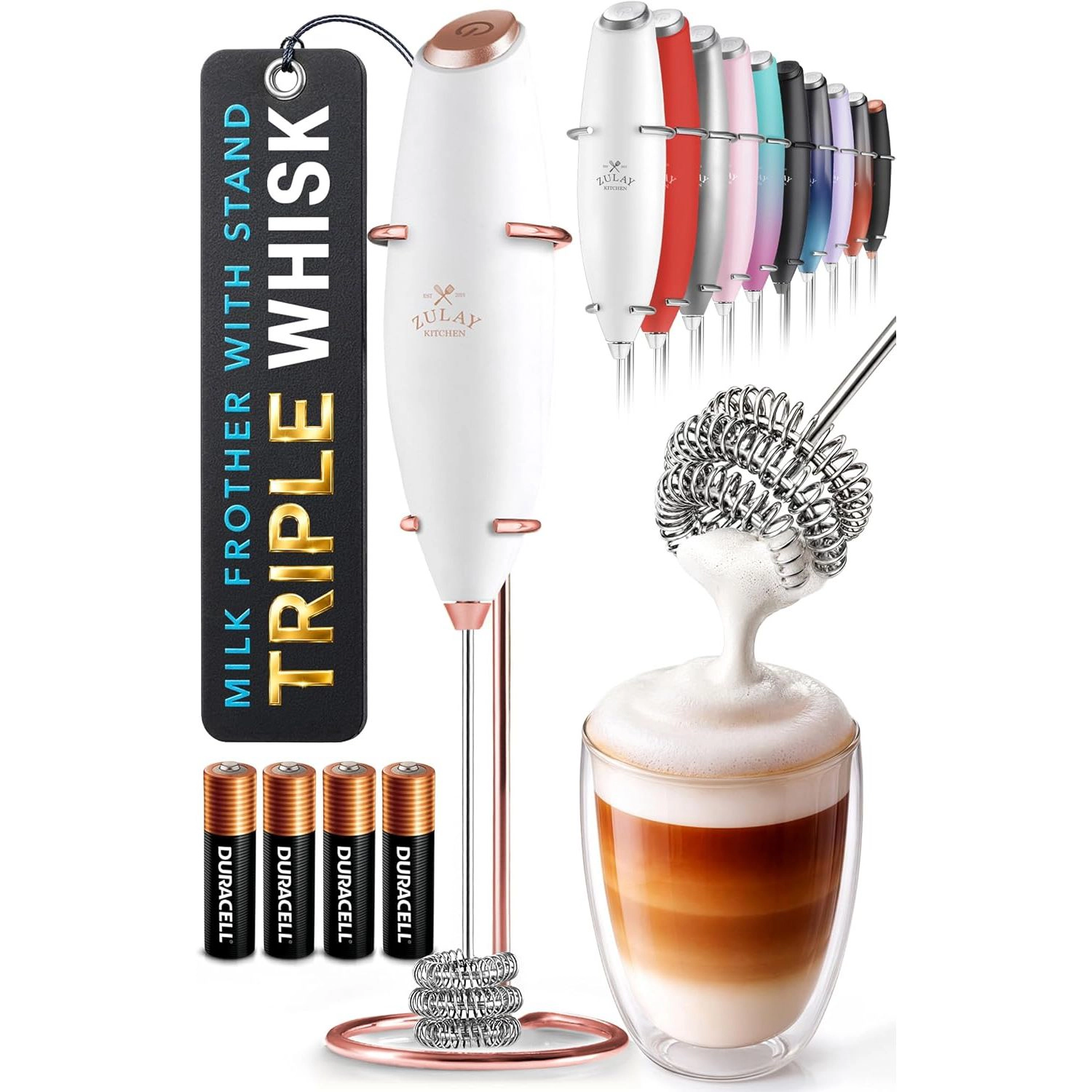 Zulay Kitchen Tornado Whisk Milk Frother with 4 AA Duracell Batteries - Triple for More Power