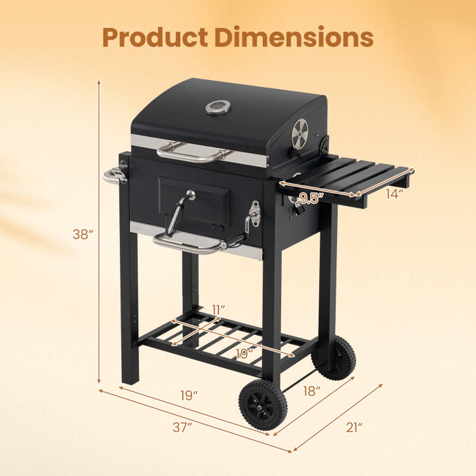 SUGIFT Portable Black Charcoal Barbecue Grill with Adjustable Charcoal Tray Thermometer and Wheels