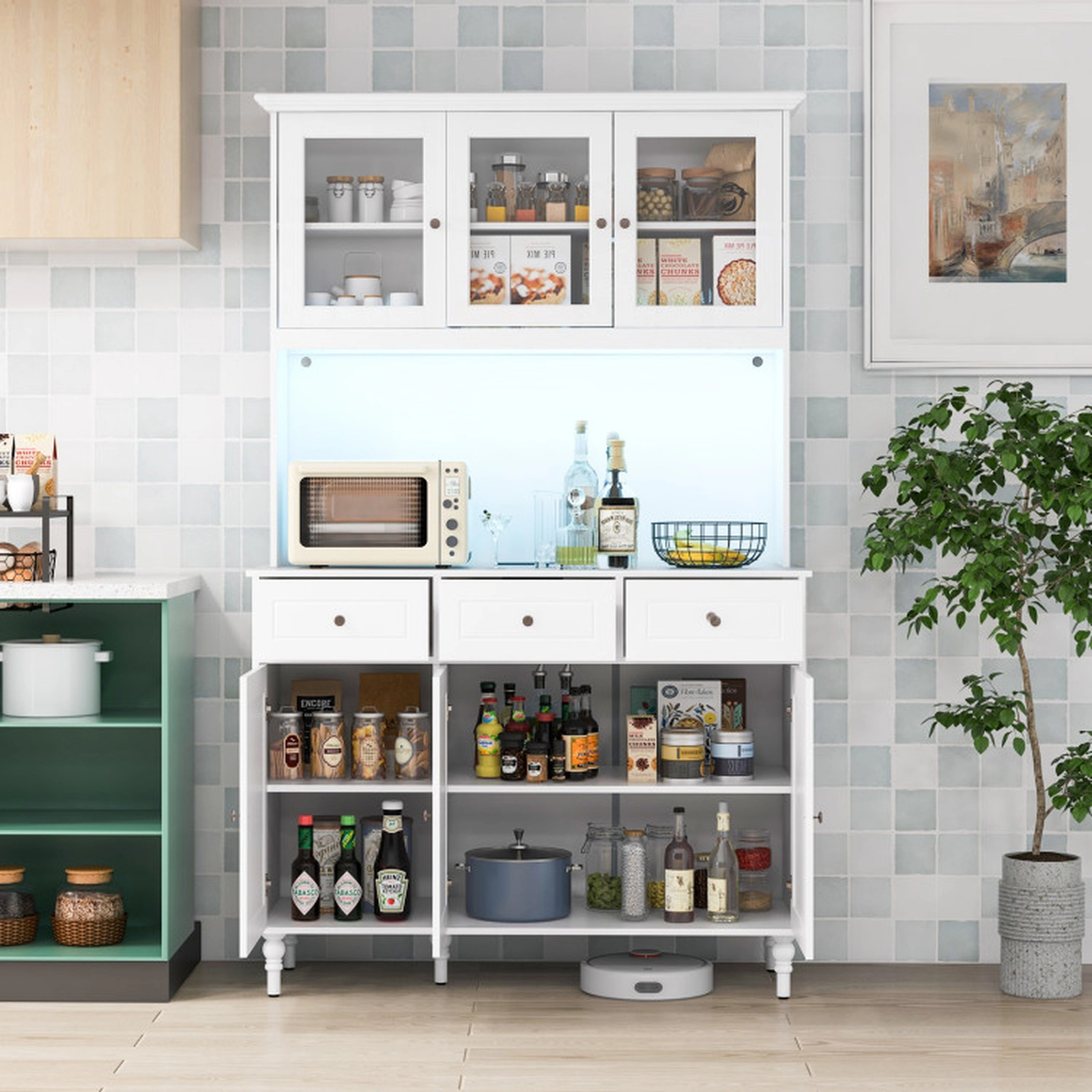 SUGIFT 77-in LED Lights Charging Station 4 Doors 3 Drawers Kitchen Pantry Cabinet 47-in x 18-in 365-lb Capacity White
