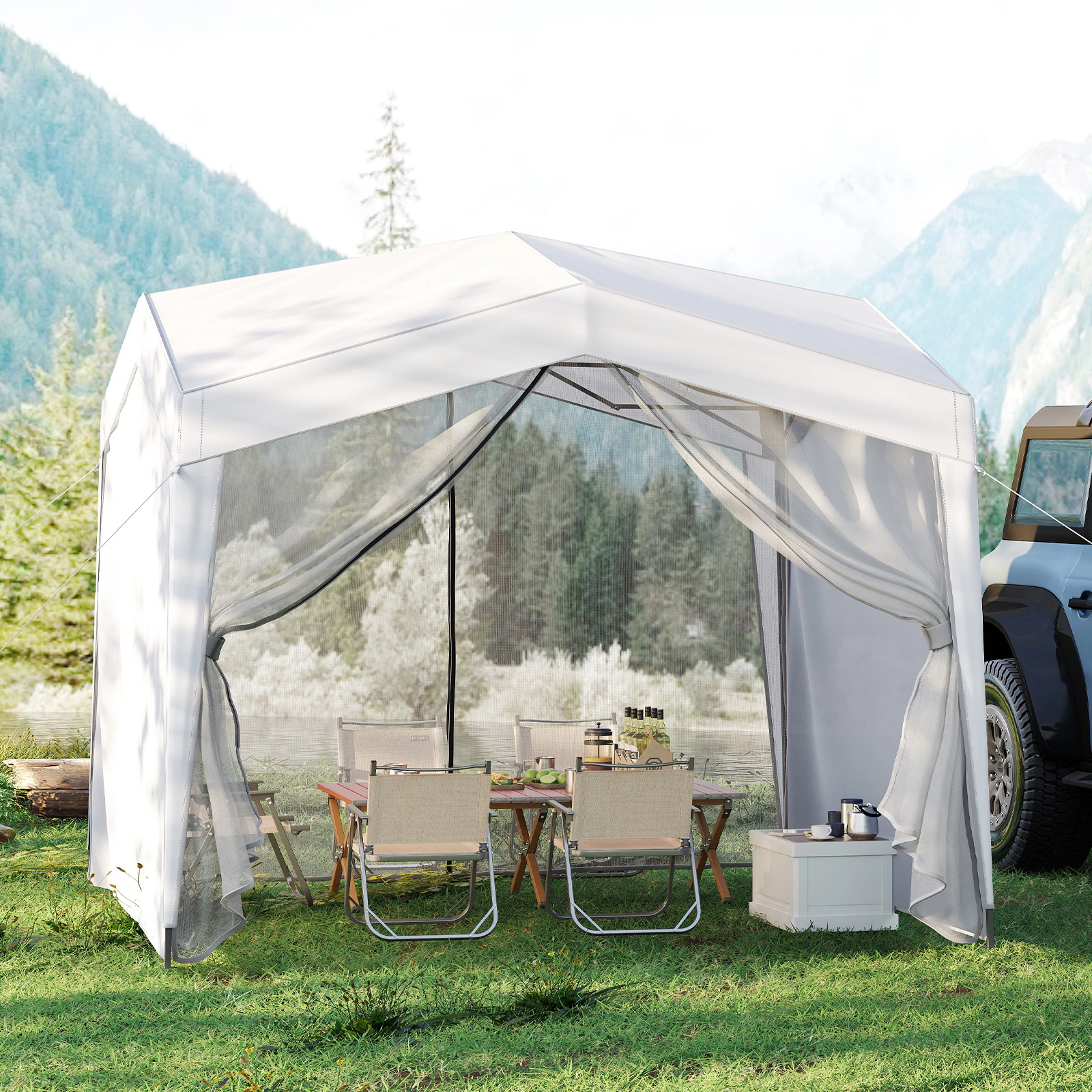 LJG Pop up Canopy Tent with 4 Sidewalls Mesh Netting Wheeled Bag