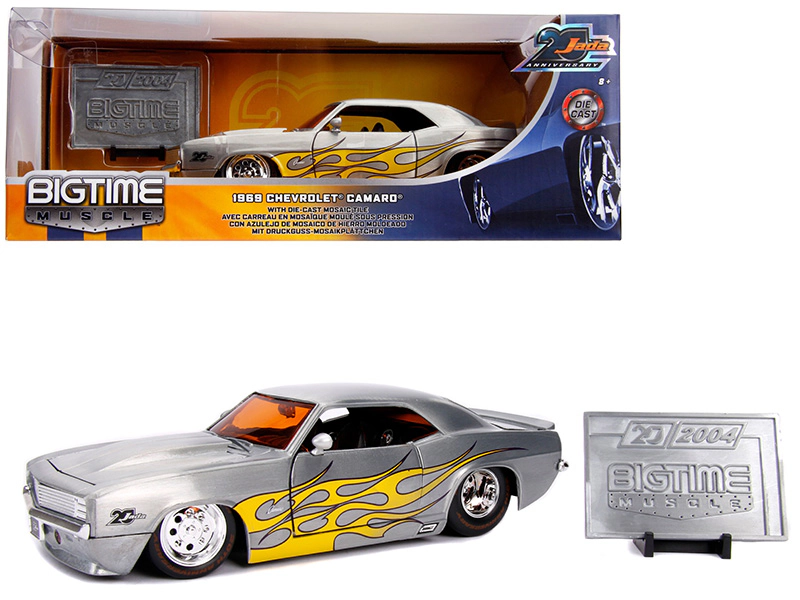 Jada 1969 Chevrolet Camaro Raw Metal With Yellow Flames "Bigtime Muscle" "Jada 20Th Anniversary" 1/24 Diecast