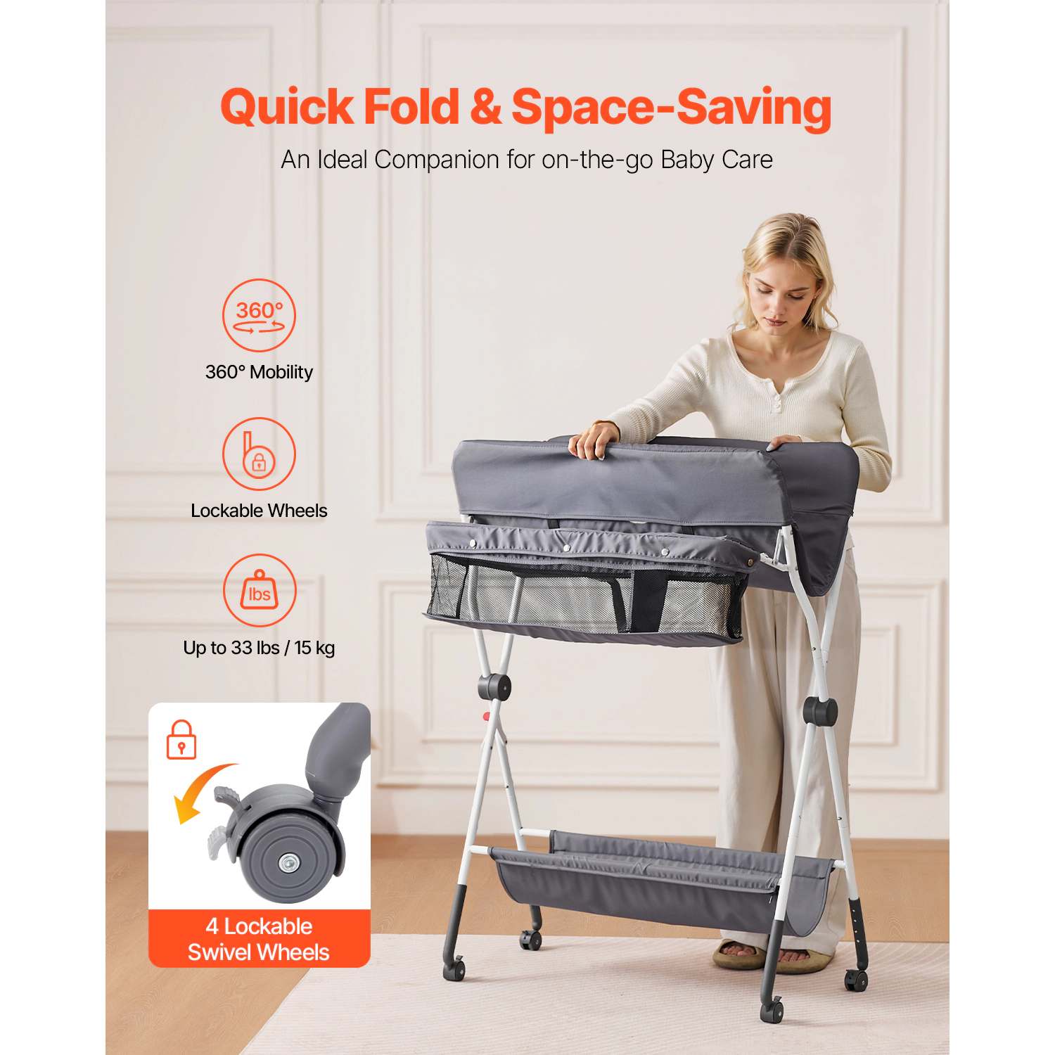 HONGGE Foldable Baby Changing Table with Side Basket, Adjustable Height, Lockable Wheels