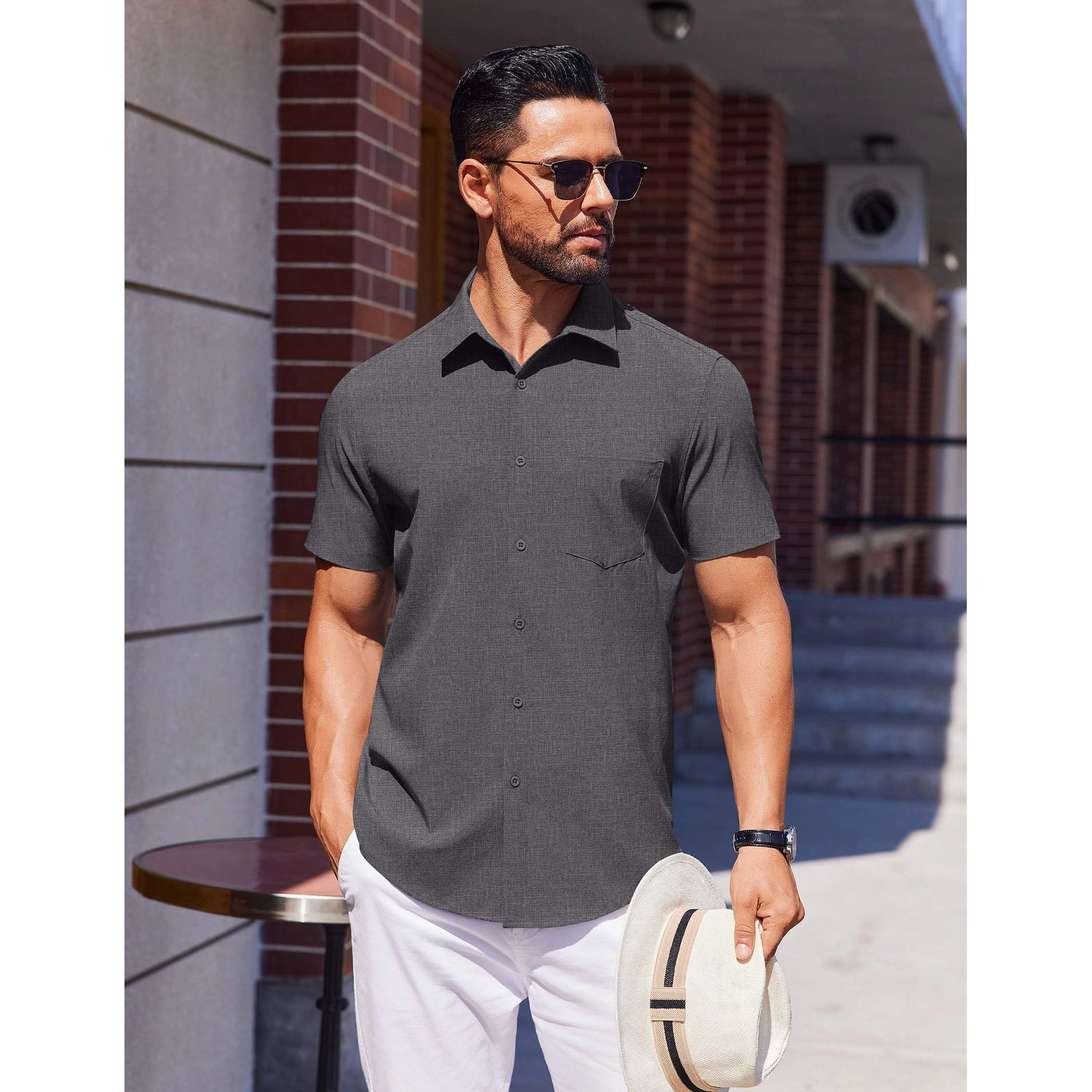 COOFANDY Mens  Short Sleeve Button Up Shirts Lapel V Neck Pleated Casual Tops