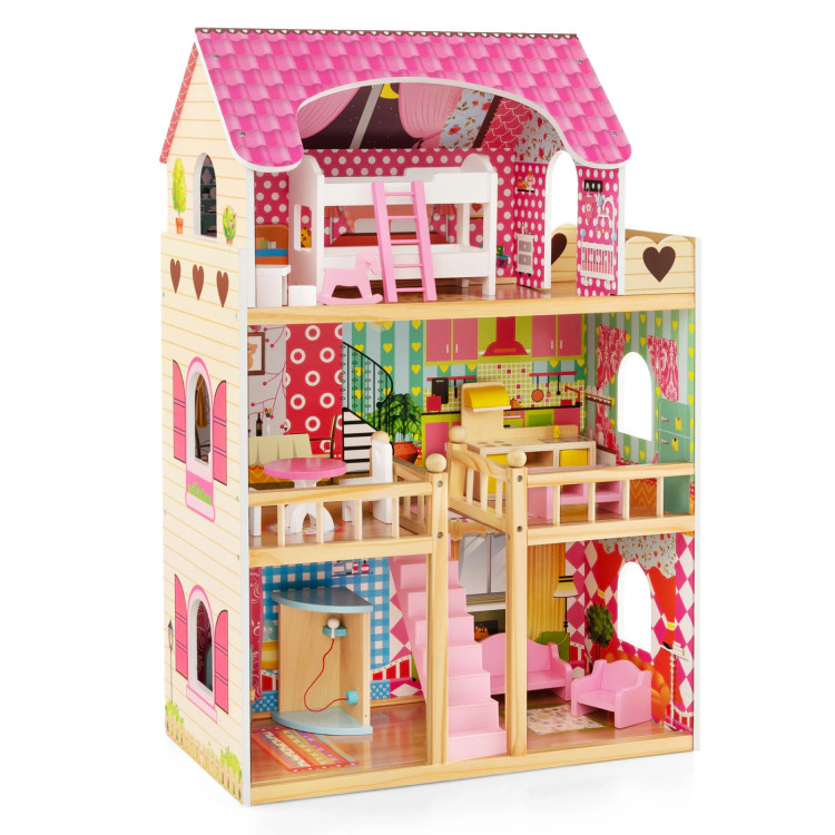 Hivvago Doll House Playset with 3 Stories and 6 Simulated Rooms and 15 Pieces of Furniture