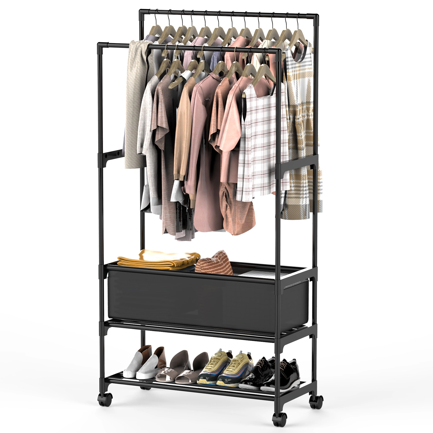 NEW Home Unisex Double-Rod Garment Rack With Storage