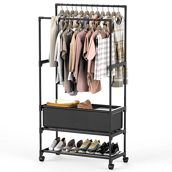 NEW Home Unisex Double-Rod Garment Rack With Storage
