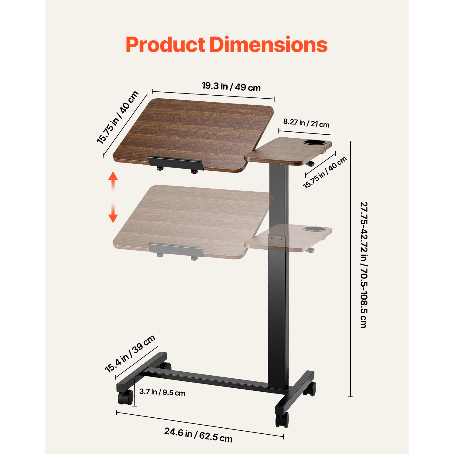 HONGGE Height-Adjustable Overbed Table on Wheels, Tilting Rolling Laptop Desk with Cup Holder for Bed