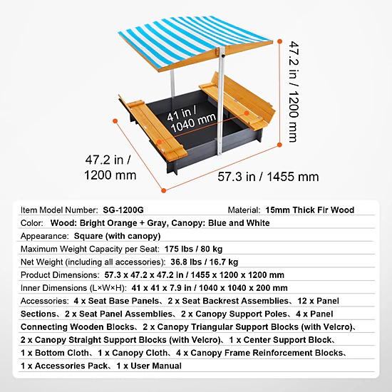 HONGGE Sandbox with Sand Pit and Bottom Liner for Outdoor Backyard Beach Park, Gift for Ages 3-12