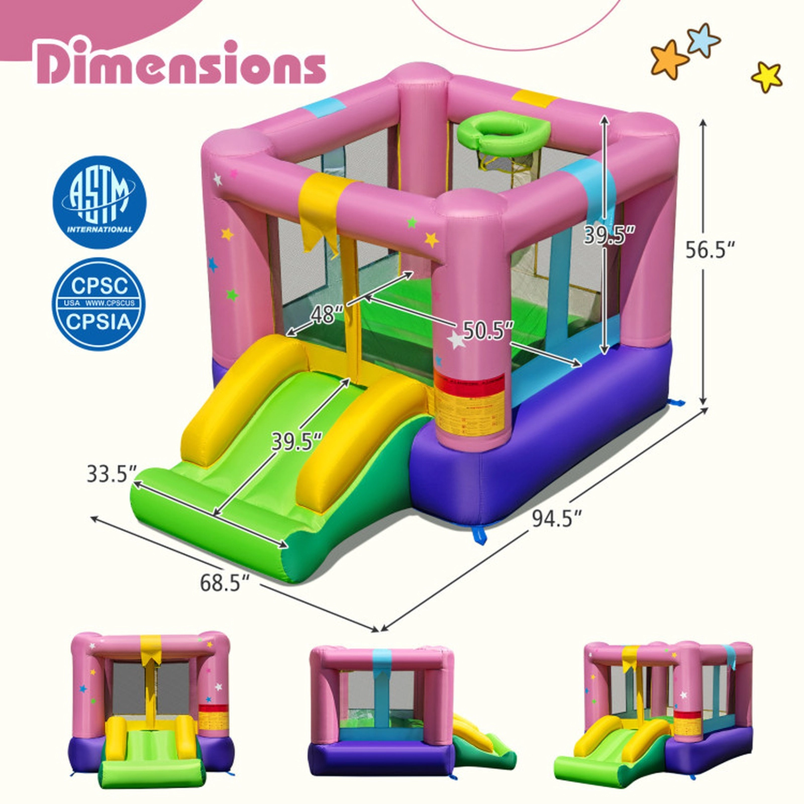 SUGIFT 200-lb Capacity Small Inflatable Bounce House with Slide Basketball Hoop 480W Blower and Carrying Bag