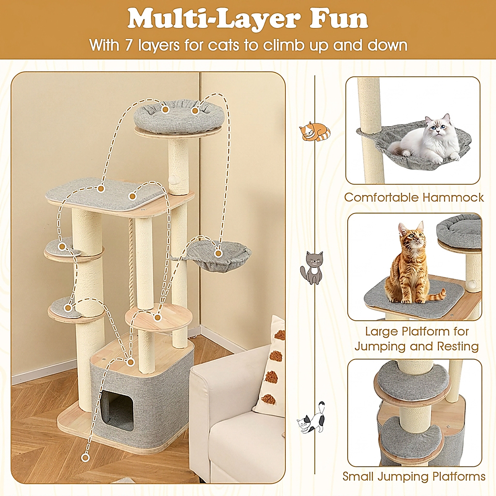SUGIFT 63-in Tall Modern Wooden Cat Tree Tower with Condo Hammock Perches 33-lb Capacity Each Layer Natural+Gray