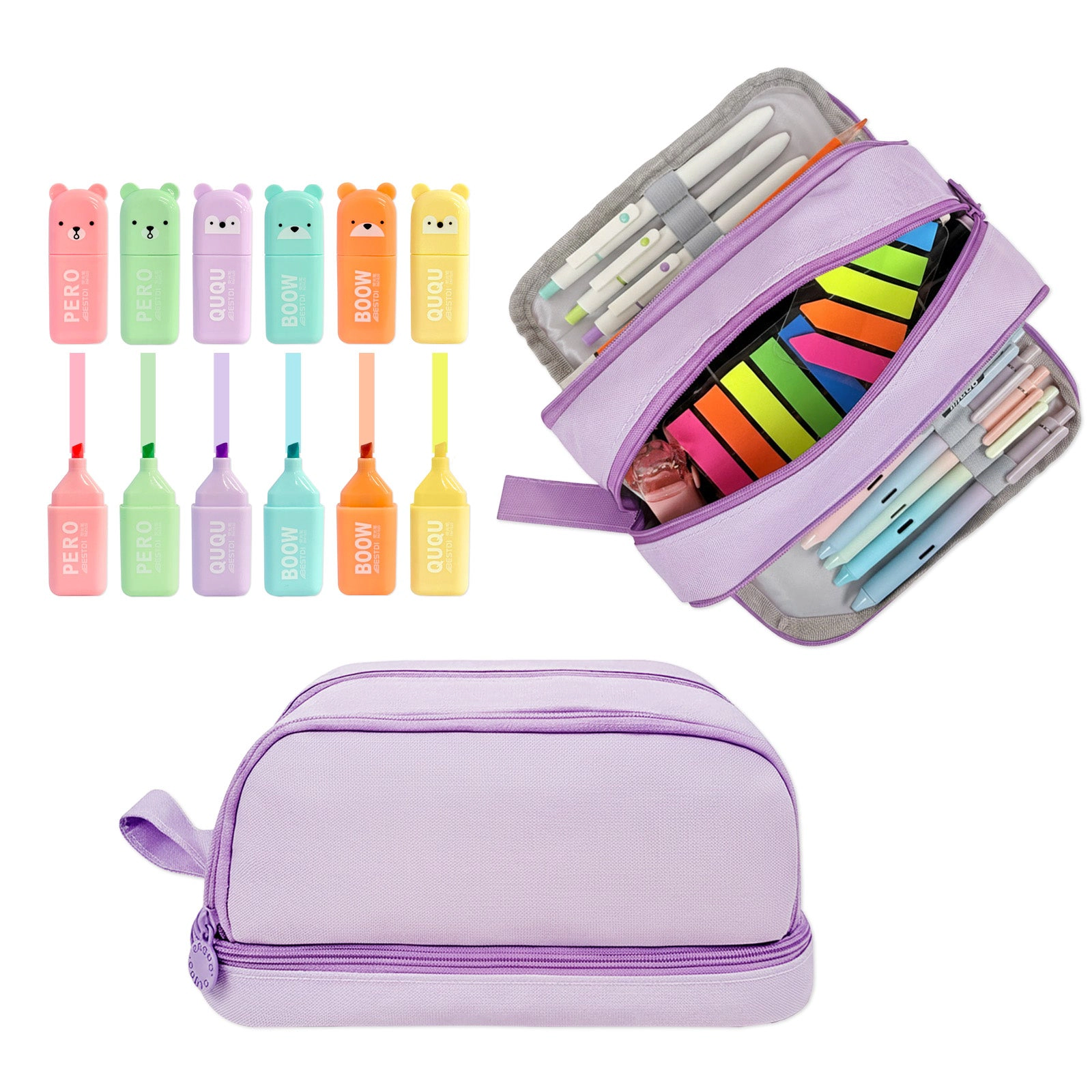 Wrapables 4-Compartment Pencil Case Set with Colorful Bear Highlighters