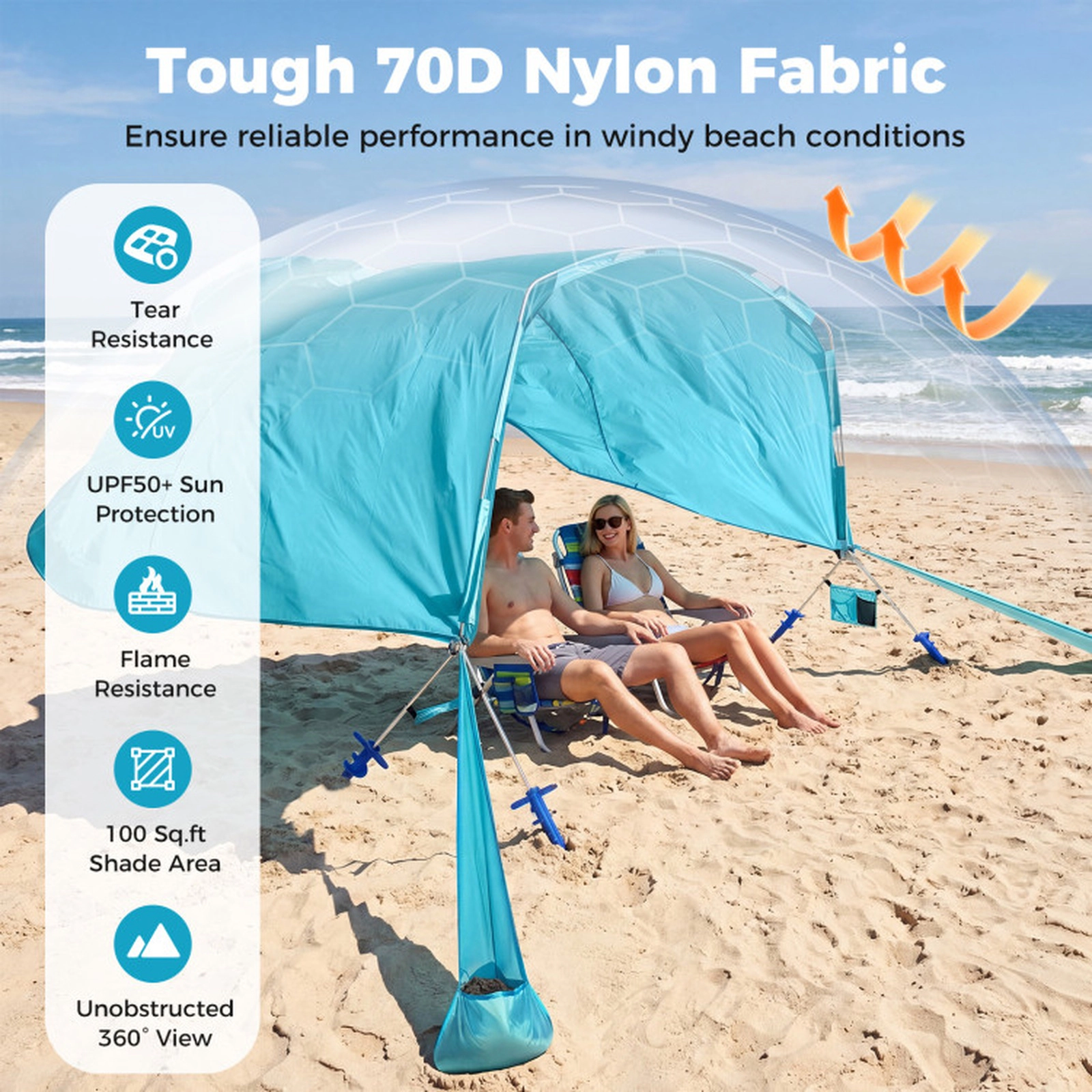 SUGIFT Blue 10-ft x 6.5-ft Wind Powered Beach Tent Sun Shelter Canopy with Sand Anchors and Carry Bag