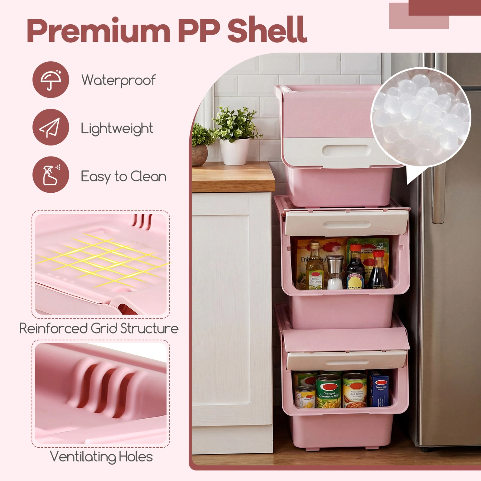 SUGIFT Stackable Plastic Storage Bins on Wheels with Stay-Open Lid 20-lb Lid 22-lb Inner Capacity White + Pink