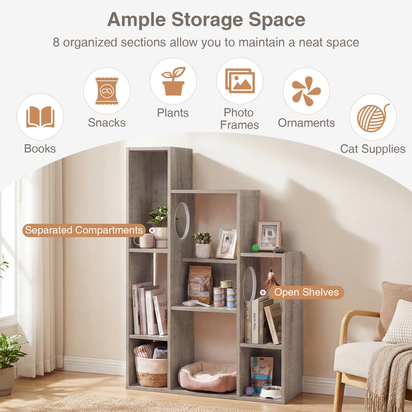 Glintex 8-Section Cat Bookshelf Cabinet with 2 Round Hollow Doors and Anti-Tip Device