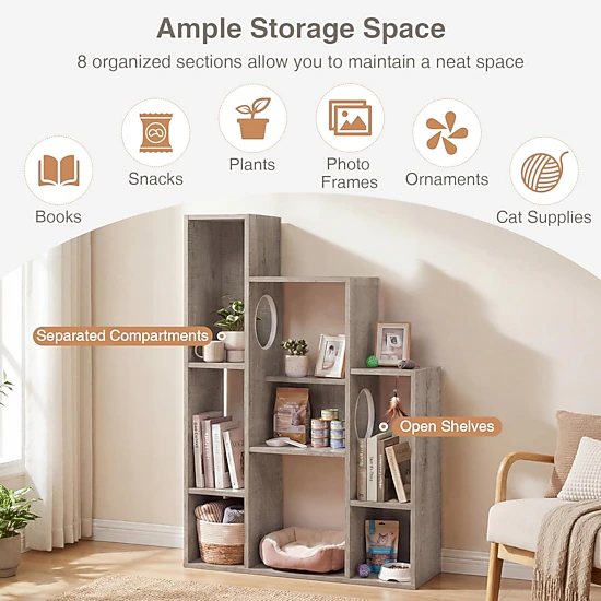 Glintex 8-Section Cat Bookshelf Cabinet with 2 Round Hollow Doors and Anti-Tip Device