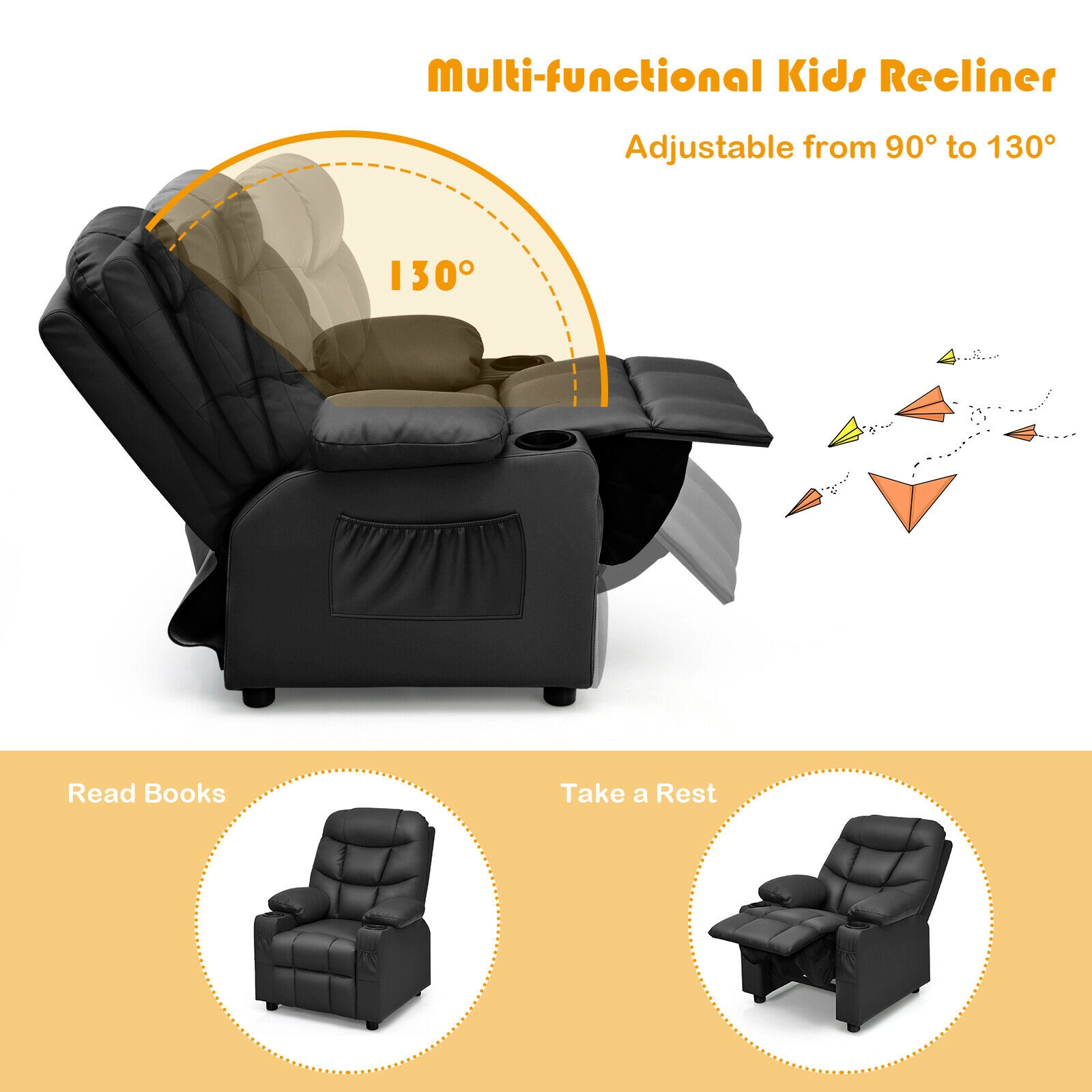 SUGIFT Adjustable Kids Recliner Chair with Cup Holders and Footrest 120-lb Capacity Ages 3+ 26-in Wide Black PU Leather