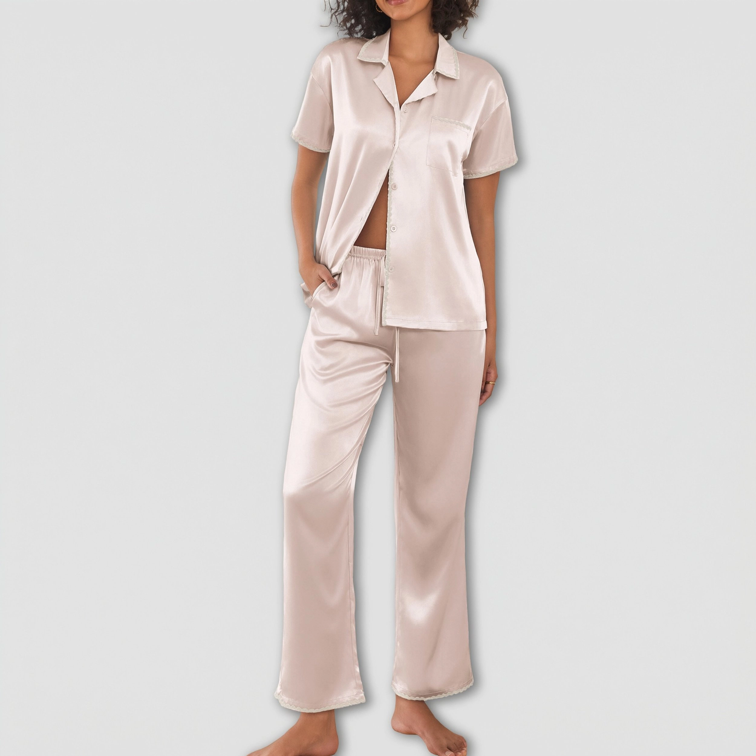 Ekouaer Silk Pajamas for Women Set Satin Two Piece Pjs Sets Ric Rac Trim Contrast Loungewear