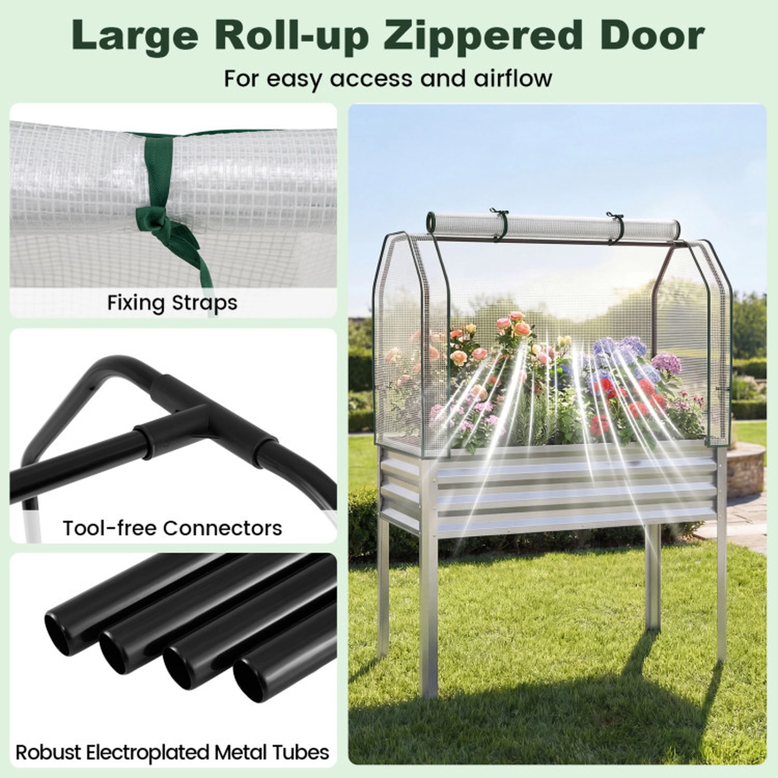 SUGIFT Galvanized Raised Garden Bed with Legs and Greenhouse Cover 175-lb Capacity Silver