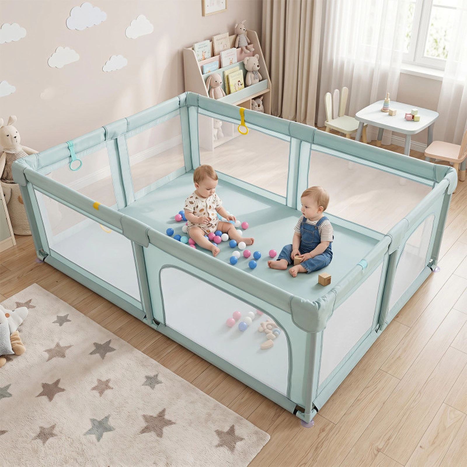 SUGIFT Baby Playpen with 50 Ocean Spheres Breathable Mesh Zippered Door Baby Playard Ages 10 Months-6 Years Blue