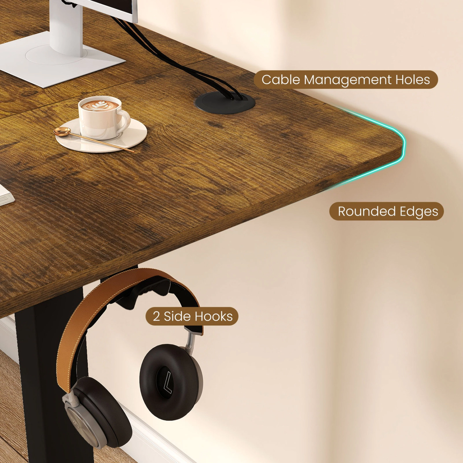 SUGIFT 63 in Rustic Brown Electric Standing Desk, Dual Monitor, Adjustable Height