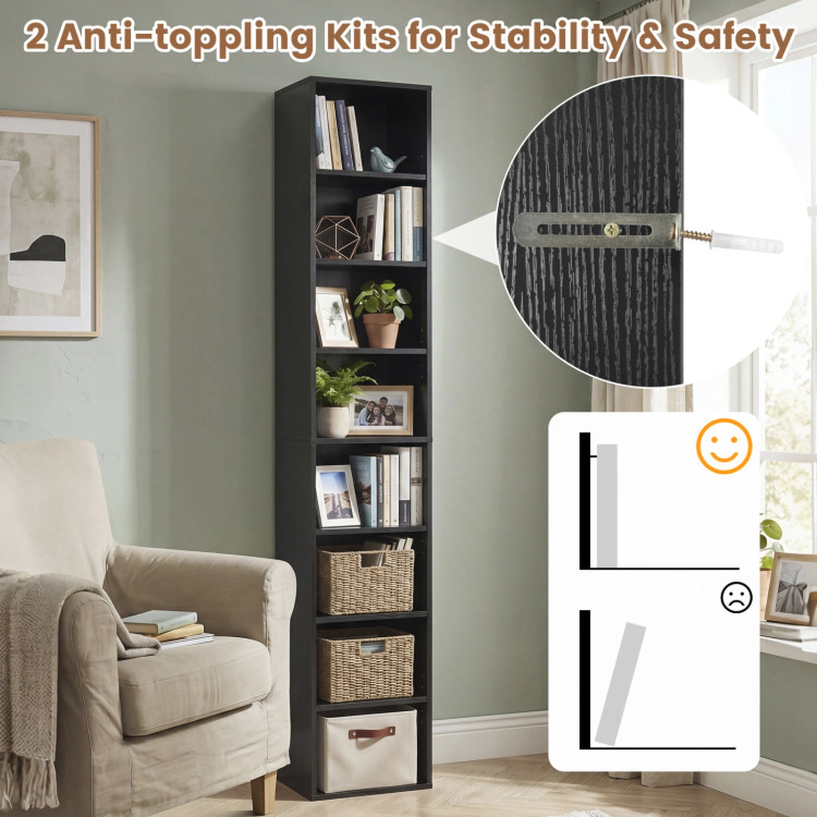 SUGIFT 8-Tier Narrow Bookcase with 4 Adjustable Shelves and Storage Cubes 22-lb Shelf Capacity 71-in Tall Black