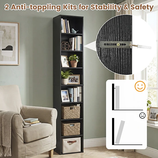 SUGIFT 8-Tier Narrow Bookcase with 4 Adjustable Shelves and Storage Cubes 22-lb Shelf Capacity 71-in Tall Black