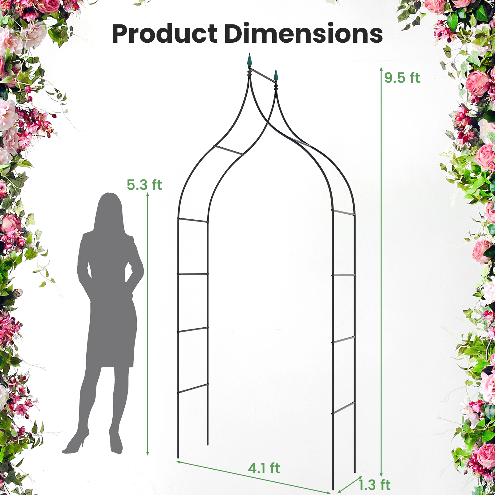 SUGIFT 9.5-ft Black Decorative Metal Garden Arch with Pointed Arches Curves and Screw Protective Caps